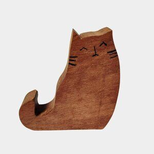 Carved Whimsical Wooden Cat Figurine 5.5", Decorative Wood Phone Holder Stand